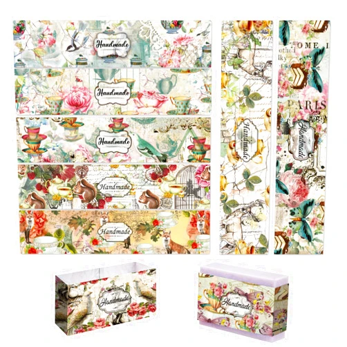 PH PandaHall 90PCS Flower Wrap Tape, 9 Styles Vintage High Tea Wrap Paper Tape Vertical Soap Paper Tag Sleeves Covers for Handmade Soap Lotion Bar Bath Gift Wrapping, 8.2x1.9inch/21x5cm