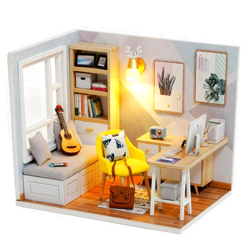 piberagi DIY Miniature Dollhouse Kit, 1:32 Scale Creative Room Mini Wooden Doll House with Furniture Plus Dust Proof for Kids Teens Adults(Study Room)
