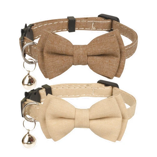 Gyapet Cat Collar Breakaway Bowtie Safety with Bell Adjustbale Kitten Puppy Solid Plaid Color Set A-[2pcs] Brown & Beige