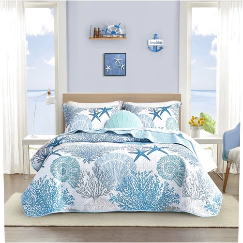 Tritard 3 Piece Coastal Quilt Sets King Size - Reversible Microfiber Quilts with 2 Shams Soft Lightweight Beach Bedding Nautical Bedspread Coverlet Summer Comforter Set for All Season, 106''x96''