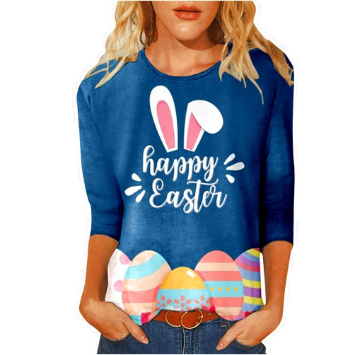 Generic Easter Day Easter Egg Shirts Women Ladies Rabbit 2024 Casual Funny Crew Neck T Shirts Vintage Dressy Bunny Print Tops