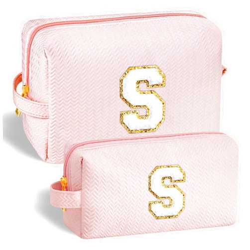 YOOLIFE Best Friend Birthday Gifts for Women Her, Initial S Travel Cute Makeup Bag Large Make Up Bag Cosmetic Bags for Women Pink Stuff Bag Personalized Gifts for Women Teen Girlfriend Mom Sister S