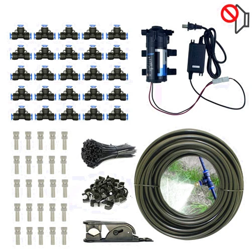 GQQGSHOP Outdoor Misting Cooling System kit, Misting Line + Drip-Proof Brass Misters + 24V Silent Pump, Garden Cooling System DIY Micro Drip Irrigation System for Patio, Garden, Lawn, Home Irrigation, Black