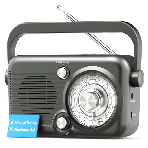 Greadio Portable AM FM Radio with Bluetooth 5.3, 2000mAh Rechargeable Radio with Best Reception, 2 D Batteries Operation Radio, SD Card/USB Port, Loud Speaker, Earphone Jack for Home, Outdoors