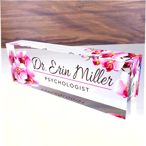 Artblox Custom Desk Name Plate - Orchids Design on Clear Acrylic Glass - Personalized with Your Name and Credentials for Office