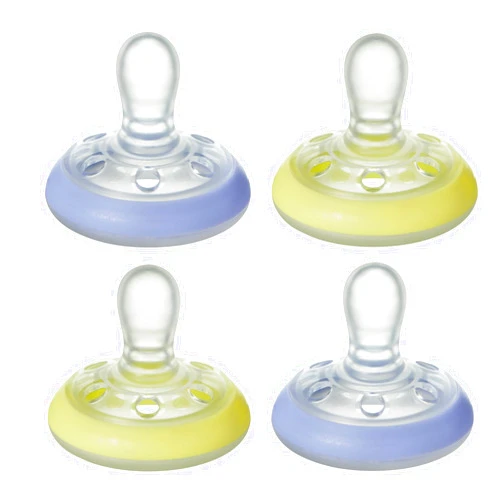 Tommee Tippee Breast-like night pacifier, 0-6 months with breast-like shape and glow in the dark technology, 4-Count, Blue/Yellow