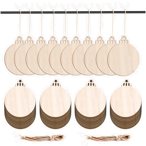 KSPOWWIN 50pcs Round Blank Wood Slices with Holes for DIY Christmas Ornaments Hanging Decorations, 3.5