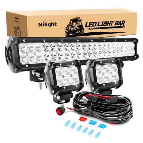 Nilight - ZH001 20Inch 126W Spot Flood Combo Led Off Road Led Light Bar 2PCS 18w 4Inch Flood LED Pods With 16AWG Wiring Harness Kit-2 Lead, 2 Years Warranty