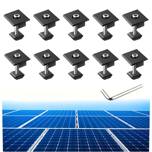 Anbte 10pcs Solar Panels Centre Clamps, Aluminium T-Shaped Mid Clamps 30mm/35mm Solar Panel Mounting Brackets Solar Mounting Rail Connector for Metal Roof, Tin Roof, Flat Roof, Sheet Roof, Black