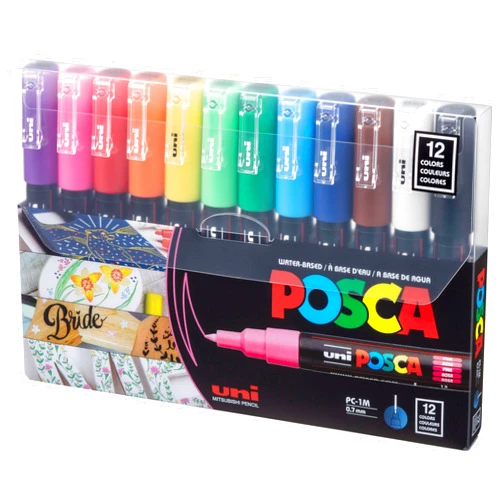 Uni 12 Posca Paint Markers, 1M Markers with Extra Fine Tips, Posca Marker Set of Acrylic Paint Pens | for Art Supplies, Fabric Paint, Markers for Art