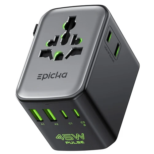 Epicka Pulse Duo 45W Universal Travel Adapter, International Power Adapter with PD & QC 3.0 Fast Charging for 2 Devices Simultaneously, European Travel Plug Adapter, Travel Essentials (Black)