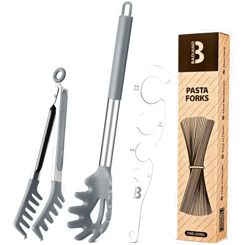 Badiano Silicone Spaghetti Spoon & Pasta Tong With Pasta Measurer, 3 Pack of Non-Stick Stainless Steel Handle Pasta Fork Set with Teeth, Food Clip for Easy Serving of Noodles (GREY)