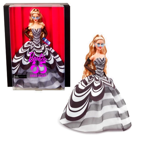 Barbie Signature Doll, 65th Anniversary Collectible with Blonde Hair, Black & White Gown, Sapphire Gem Earrings & Sunglasses