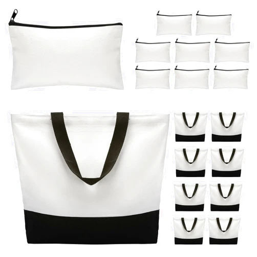 Reginary 16 Pieces Canvas Tote Makeup Bag Blank Plain Large Reusable Grocery Shopping Cloth Bags with Handles DIY Craft Canvas Pencil Case with Zipper Cosmetic School Supplies