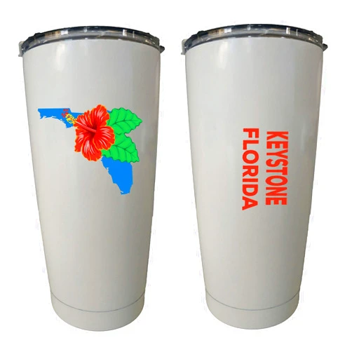 R and R Imports Keystone Florida 20 oz Insulated Stainless Steel Tumbler Hibiscus Flower Design White.