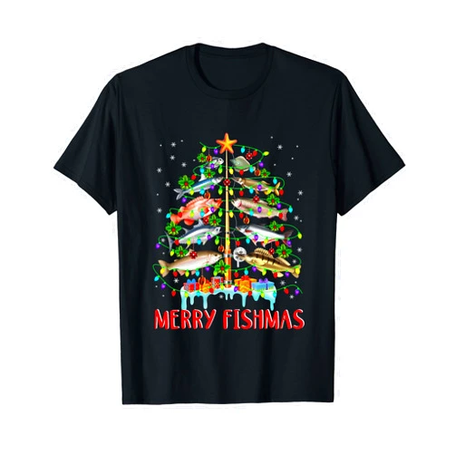Christmas Tree Lights Fish Fishing Rod Fisherman Merry Fishmas Funny Christmas Tree Lights Fish Fishing Rod T-Shirt