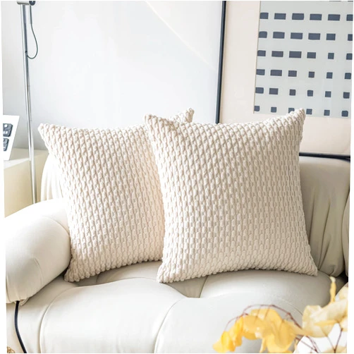 K KEVIN TEXTILE Kevin Textile Pillow Covers Decorative Set of 2 Striped Corduroy Plush Velvet Pillowcases Boho Cushion Cover for Couch 18x18 Inch Cream