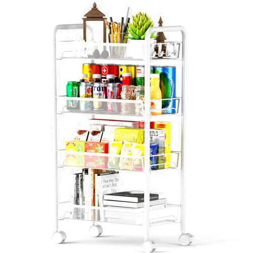 Ovicar 4 Tier Mesh Wire Rolling Cart, Kitchen Storage Organizer Utility Cart, Full Metal Basket Storage Art Trolley Carts with Wheels & 4 Side Hooks