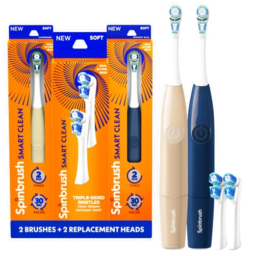 Spinbrush Smart Clean Value Pack, Battery Powered Electric Toothbrush for Adults, 2 Brushes & 2 Replacement Heads