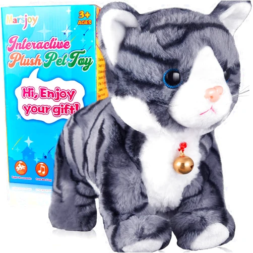 Marsjoy Pattern Gray Robot Cat Plush Cat Stuffed Animal Interactive Cat, Meow Kitten Touch Control, Electronic Cat Pet, Robotic Cat Cat Kitty Toy, Animated Toy Cats for Girls Baby Kids L:12