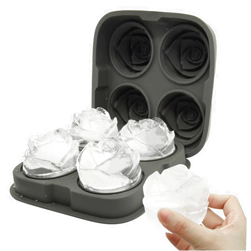 Bongpuda 2.5 Inch 3D Silicone Rose Ice Molds,Large Flower Ice Cube Molds,4 Cavity Fun Ice Tray Shapes,Easy Release,For Cocktail,Brandy,Juice,Wine,Whiskey,Bourbon(Grey)