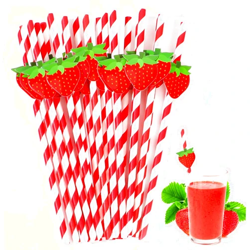 Mozeat Lens Strawberry Straws, 30 Pack Disposable Drinking Straws Cute Paper Straws with Stripes for Juice, Cocktail, Milkshake, Baby Shower Strawberry Birthday Decorations Strawberry Party Favors - 7.76 Inches