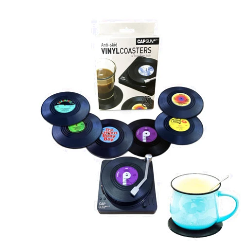 LOYALPART Vinyl Record Coasters for Drinks Retro Disk Coaster with Holder for Wooden Table Funny Colorful Decor Music Decorations for Home Beer Cup Mat for Coffee Table Bar Items Set of 6