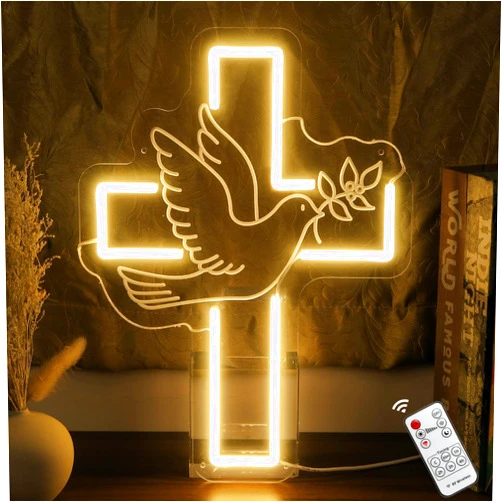 KiMineon Cross Neon Signs, Remote Timing Dimmer Cross LED Neon Light Lamp for Christian Easter Engagement Wedding Baby Celebrations New Year Gift Bedroom Room Home - 15''