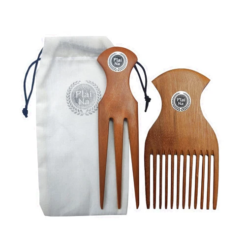 Plai Na Comb for African Hair - Wooden Comb Afro Pick Set for Women – Fine Teeth Pick, Prong Braiding/Parting 3 Tooth Comb for Braiding Handmade