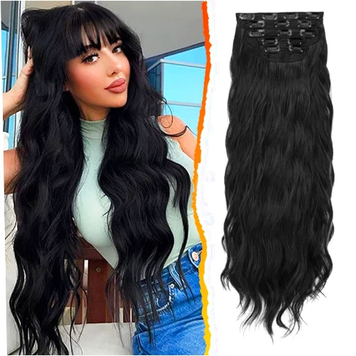 BARSDAR Black Wavy Clip in Hair Extensions - 20 Inch Long Wavy Clip in Hair Extensions for Women, 5 PCS Soft Synthetic Natural Looking Black Curly Hairpieces Voluminous Easy Wear Daily Party