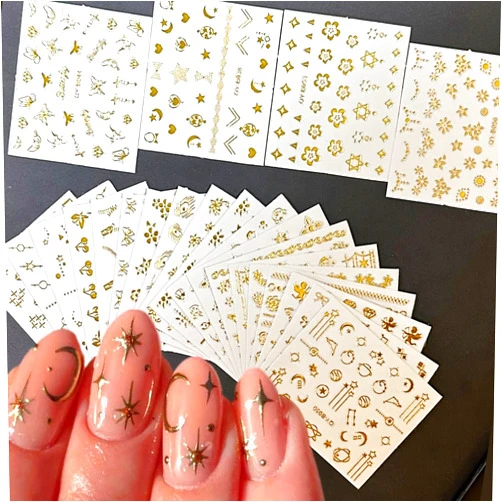 SPLOCUDU 30 Sheets Gold Nail Art Stickers Gold Flower Butterfly Nail Stickers Star Line Self-Adhesive Nail Decals Acrylic Nails DIY Design Nail Supplies for Women and Girls