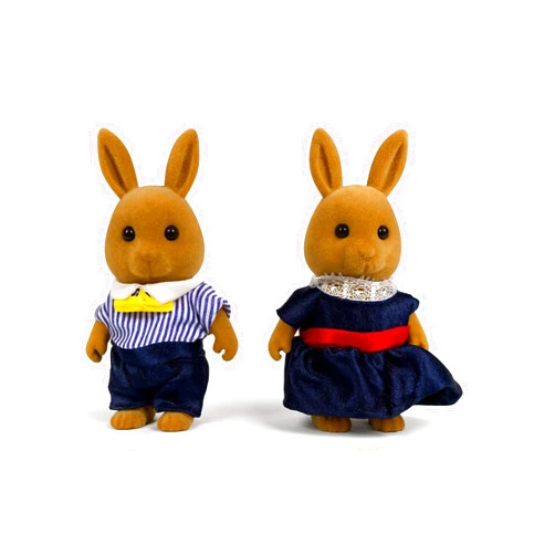 OLEOCA Family Brown Rabbit Figures — Set of 2 Collectible Flocked Mini Dolls with Removable Clothes, Miniature Dollhouse Pretend Play Figures for Kids Ages 3+