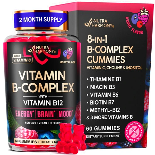 NUTRAHARMONY Vitamin B-Complex Gummies for Women & Men - Vitamin B12, B1, B2, B3, B5, B6, B7 & B9 - B Complex with Vitamin C & Choline - Energy, Brain & Mood - Natural Berry Flavor, Vegan - 60 Gummies for 2 Months
