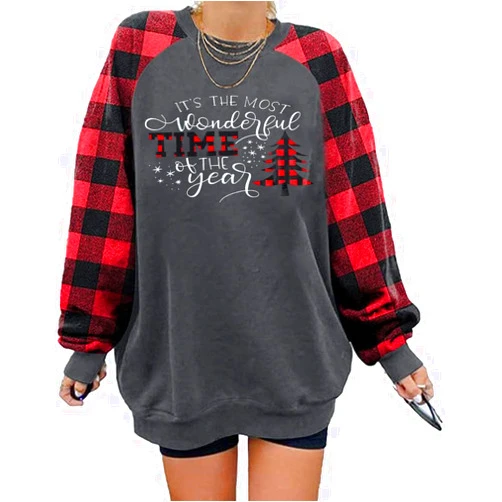JKMTDNG Oversized Christmas Sweatshirt Womens Xmas Buffalo Plaid Tree Color Block Print Long Sleeve Top Shirts