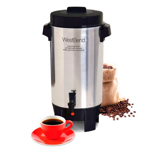 West Bend 58002 Highly Polished Aluminum Commercial Coffee Urn Features Automatic Temperature Control Large Capacity with Quick Brewing Easy Prep and Clean Up, 42-Cup, Silver