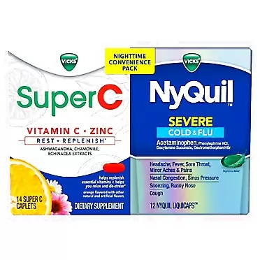 Vicks NyQuil and Super C Convenience Pack: NyQuil Severe Medicine for Max Strength Cold and Flu Relief, Conveniently Packaged with Vicks Super C Rest and Replenish Daily Supplement, 26ct