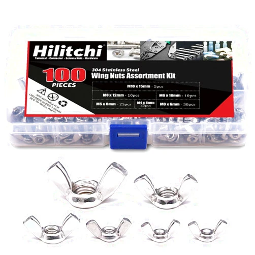 Hilitchi 100-Pcs M3 M4 M5 M6 M8 M10 Wingnut Butterfly Wing Nuts Assortment Kit, 304 Stainless Steel