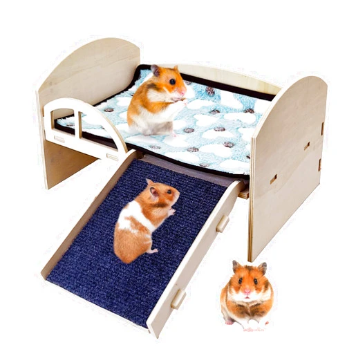 kathson Wooden Guinea Pig Bed Hideout Small Animal House Bed Hut Habitats with Stairs and Mat for Hamster Chinchilla Ferret Playing Hiding Sleeping