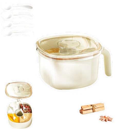 FUWKAIZS 4 Compartments Clear Seasoning Box,Seasoning Box with Cover and Serving Spoons,Kitchen Condiment Jars,Cream