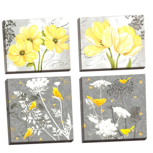 gango Home Decor Beautiful Grey & Yellow Poster Set; Birds and Flowers; Two 12x12in and Two 14x11in Hand-Stretched Canvases