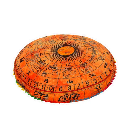 Bhagyashri Fashions Indian Mandala Cotton Zodiac Orange Pouf Cover Floor Pillow Cushion Seating Throw Decorative with Colorful Pom Pom Poufs Pillow Cases Hippie Boho 32