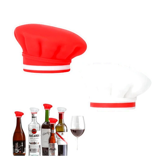 Beleda Food-Grade Reusable Silicone Wine Stopper, Chef Hat Shaped Champagne Beverage Stoppers, Cute Wine Accessories Kitchen Gadgets, Best Replacement for Cork Wine Bottle Stopper (Red+White, 2)