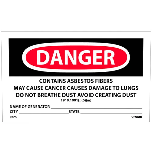 NMC National Marker Corp. VRD92 Labels, Danger Contains Asbestos Fibers, 3 Inch X 5 Inch, PS Vinyl, 500/Rl
