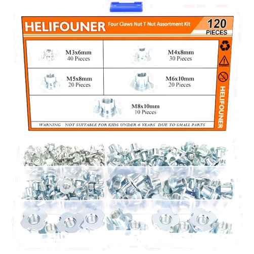 HELIFOUNER 120 Pieces M3 M4 M5 M6 M8 T Nuts Four Claw Nuts Assortment Kit for Wood, Rock Climbing Holds, Cabinetry