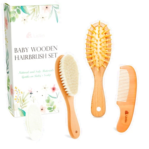 Lictin Baby Hair Brush and Comb Set, 4 Pcs Newborn Hair Brush with Soft Bristle, Natural Goat Hair and Wood Baby Cradle Cap Comb for Newborns & Toddlers, Newborn Baby Essentials, Perfect Registry Gift