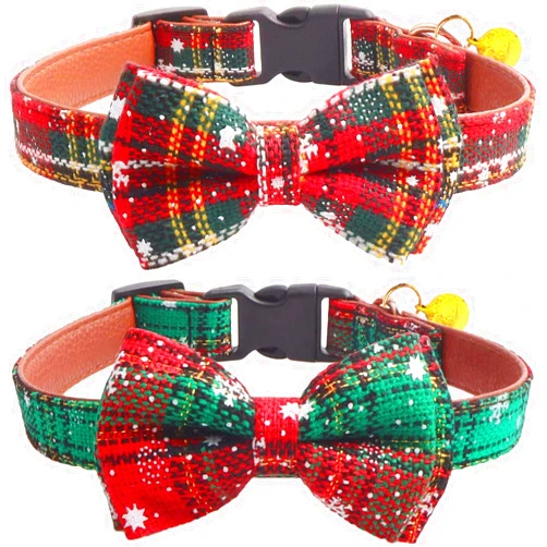 KUDES 2 Pack/Set Christmas Snowflake Dog Collars Breakaway with Bow Tie and Bells for Cat and Small/Medium/Large Pets, Red & Green M