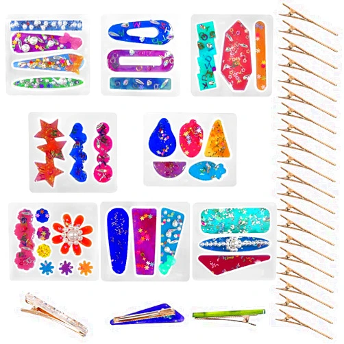 SENHAI 8 PCS Multi-Style DIY Hair Clips Resin Molds, with 20 Golden Hair Clip Accessories, Resin Hair Clips Mould for Making Hair Clips, DIY Crafts, Keychains,Jewelry Pendants