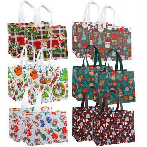 YCDMLJC 12 pcs Large Christmas Gift Bags,Reusable Multifunctional Non-Woven Christmas Shopping Bags,Christmas Tote Bags with Handles for New Year,Vintage Christmas 6 Colors12.8 x9.8 x6.7''