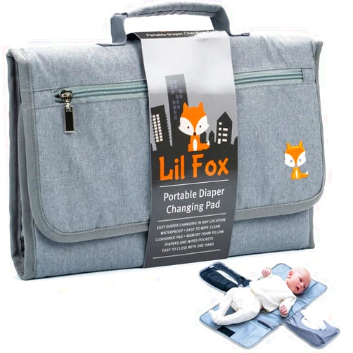 Lil Fox Portable Changing Pad - Waterproof Travel Baby Diaper Changing Pad, Mat Foldable, Wipes Pocket, Gifts