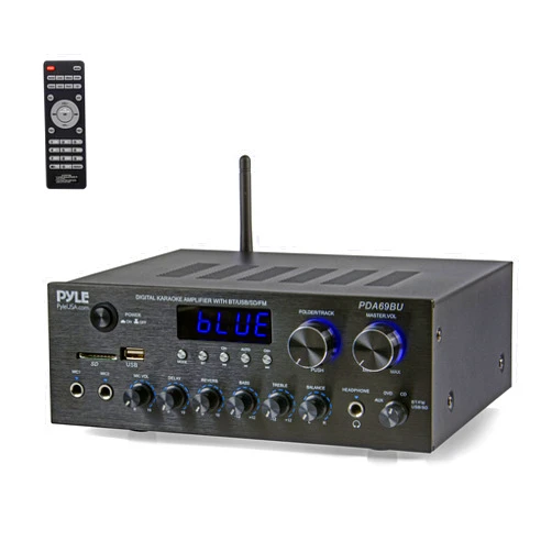 Pyle Bluetooth Home Audio Amplifier Receiver Stereo 300W Dual Channel Sound Audio System w/MP3, USB, SD, AUX, RCA, MIC, Headphone, FM, LED, Reverb Delay, for Home Theater Speakers, Studio - PDA69BU
